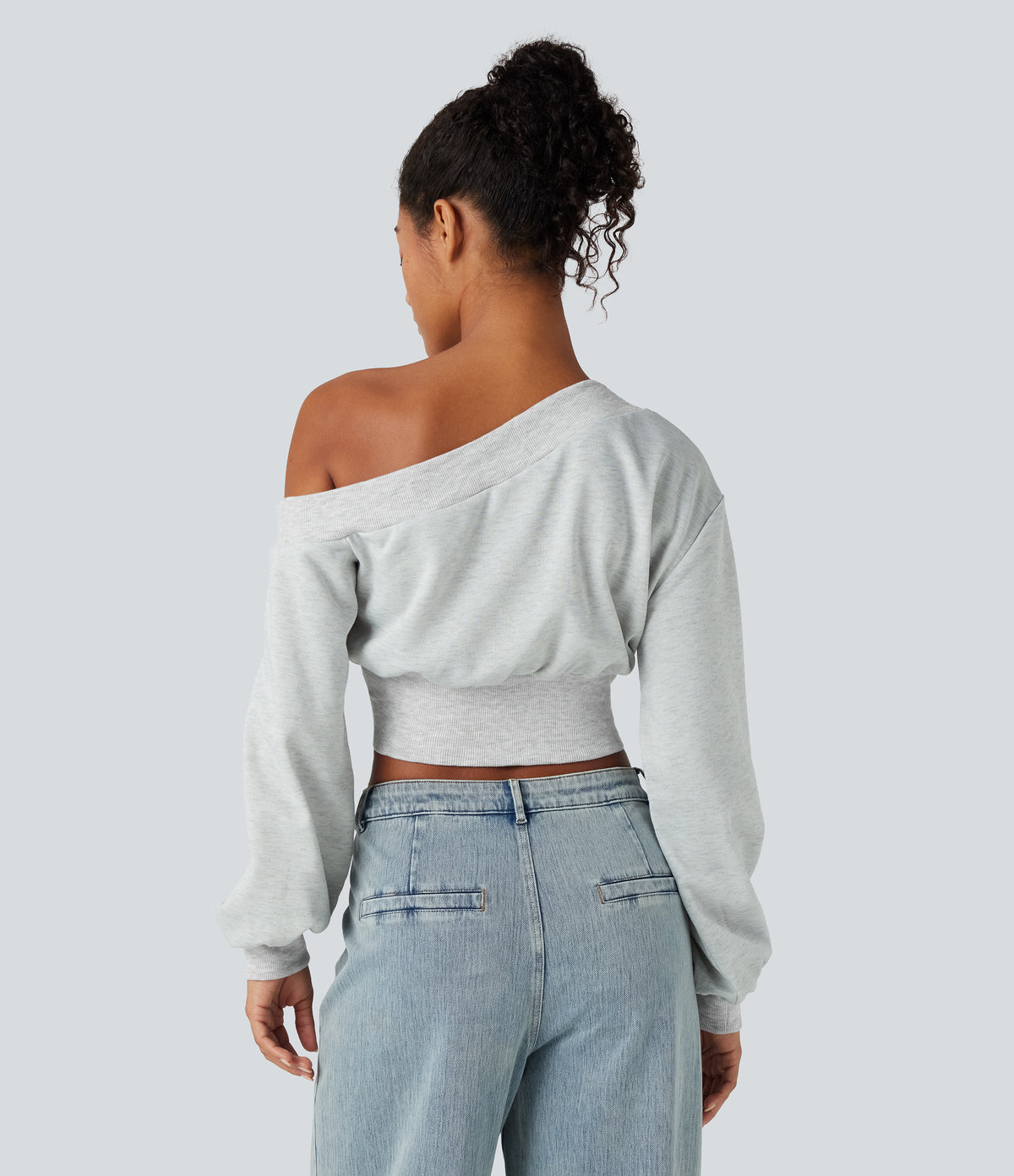One-shoulder Long Sleeve Cropped Casual Sweatshirt — Mottled Grey — view 2