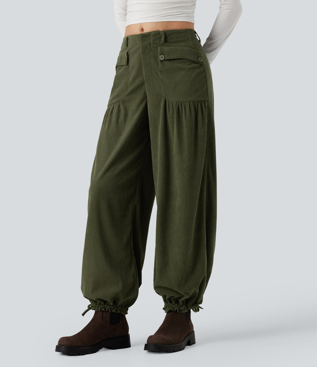 Mid Rise Wide Leg Corduroy Casual Trousers with Pockets — Hazel Mist Green — view 4