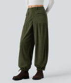 Mid Rise Wide Leg Corduroy Casual Trousers with Pockets — Hazel Mist Green — view 4