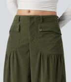 Mid Rise Wide Leg Corduroy Casual Trousers with Pockets — Hazel Mist Green — view 6