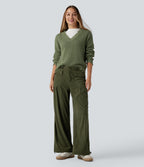 Mid Rise Wide Leg Corduroy Casual Trousers with Pockets — Hazel Mist Green — view 8