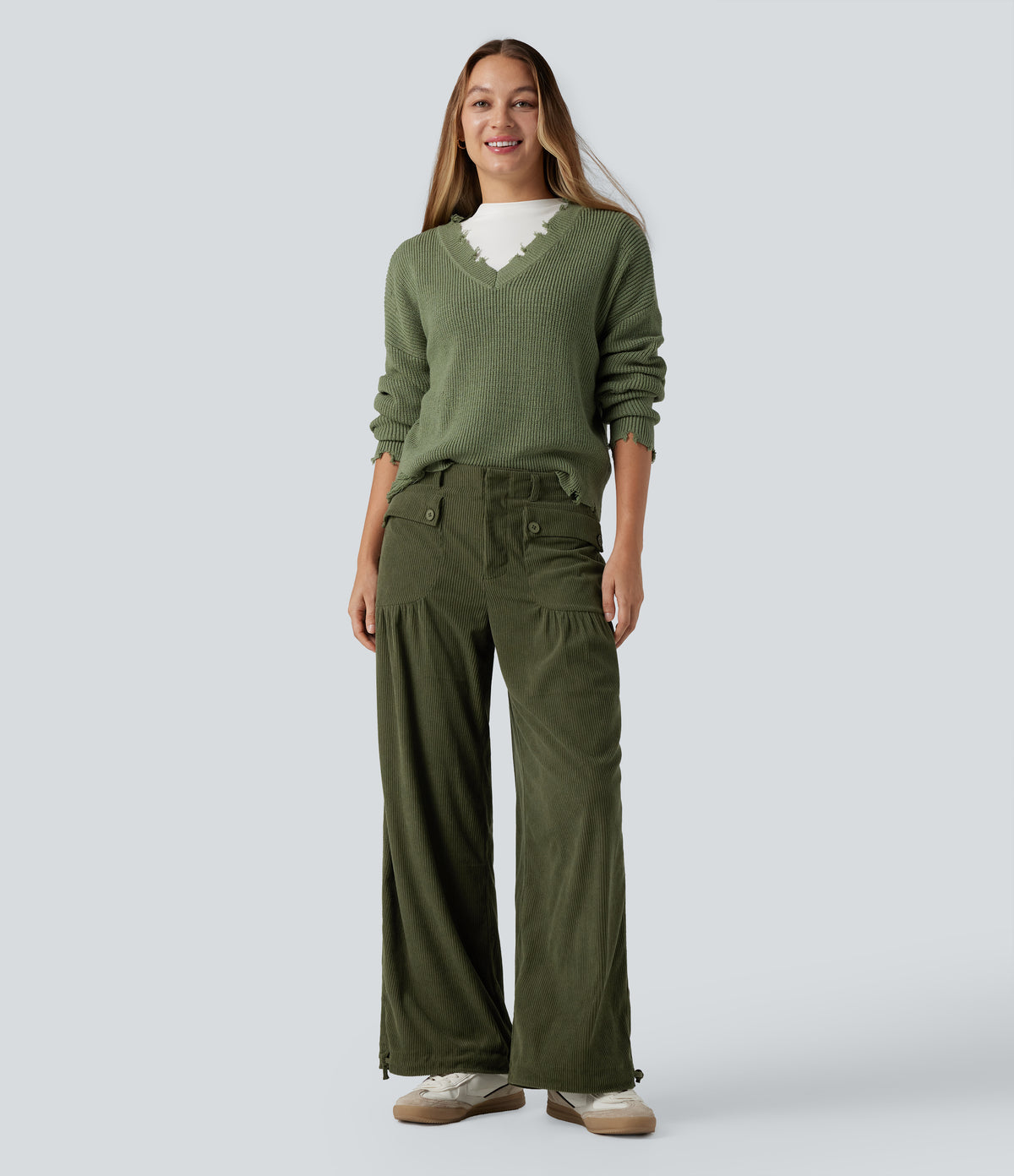 Mid Rise Wide Leg Corduroy Casual Trousers with Pockets — Hazel Mist Green — view 8