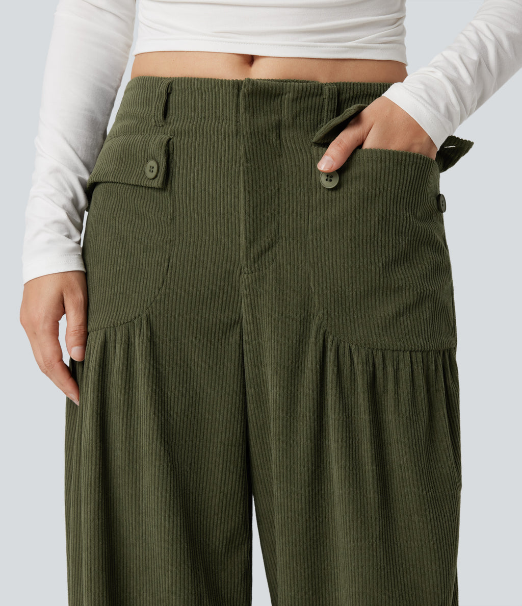 Mid Rise Wide Leg Corduroy Casual Trousers with Pockets — Hazel Mist Green — view 5