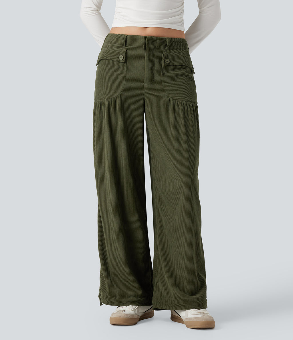 Mid Rise Wide Leg Corduroy Casual Trousers with Pockets — Hazel Mist Green — view 2