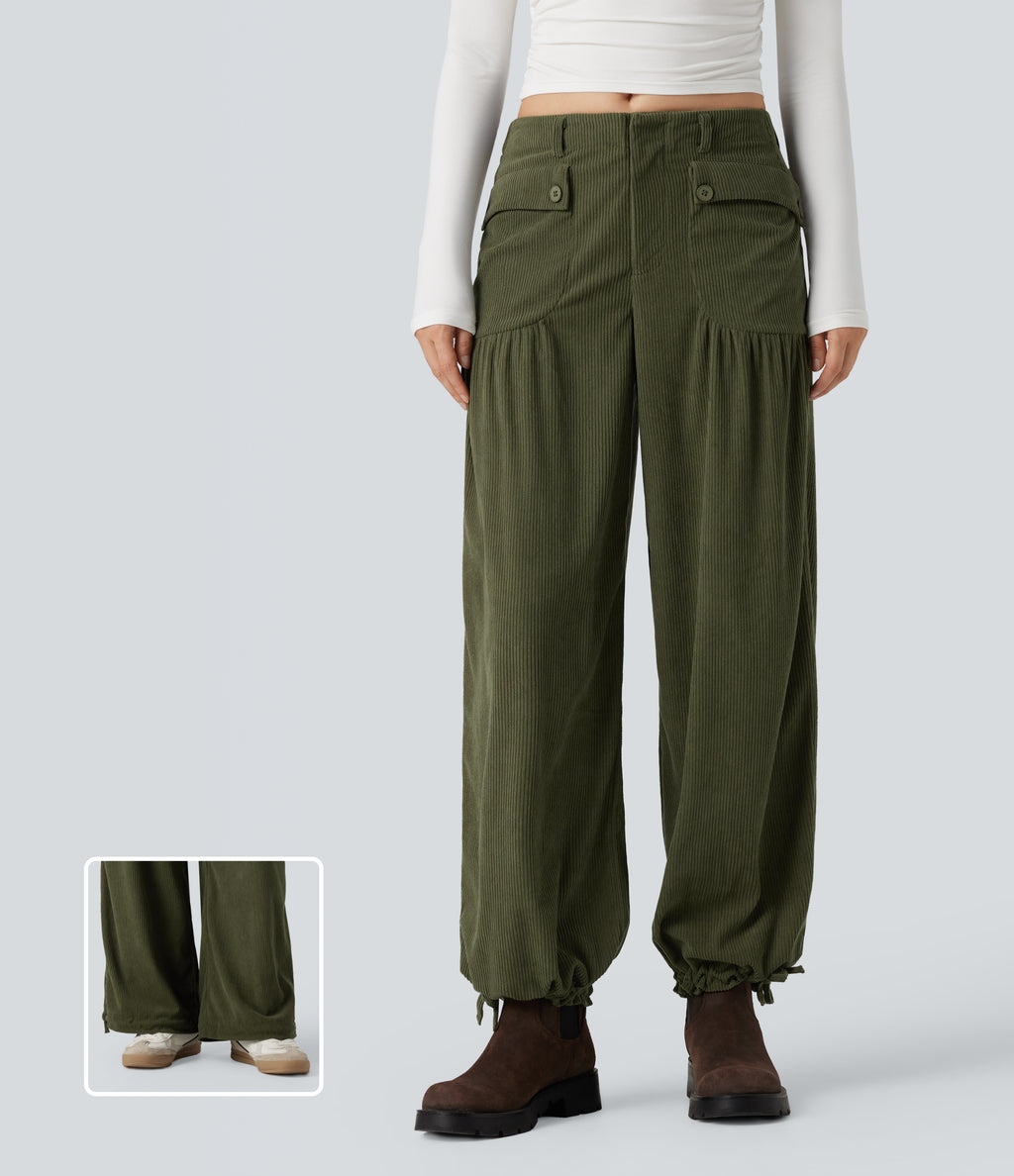 Mid Rise Wide Leg Corduroy Casual Trousers with Pockets — Hazel Mist Green — view 1