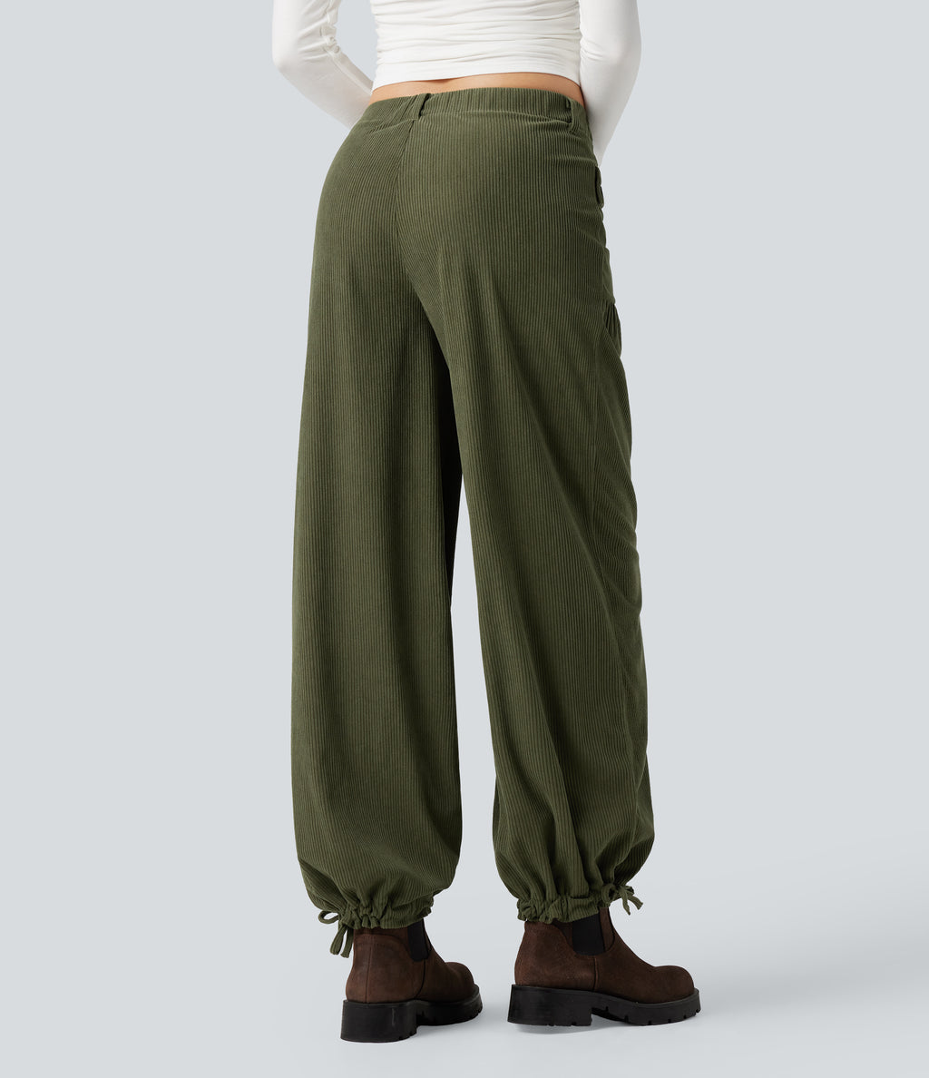 Mid Rise Wide Leg Corduroy Casual Trousers with Pockets — Hazel Mist Green — view 3