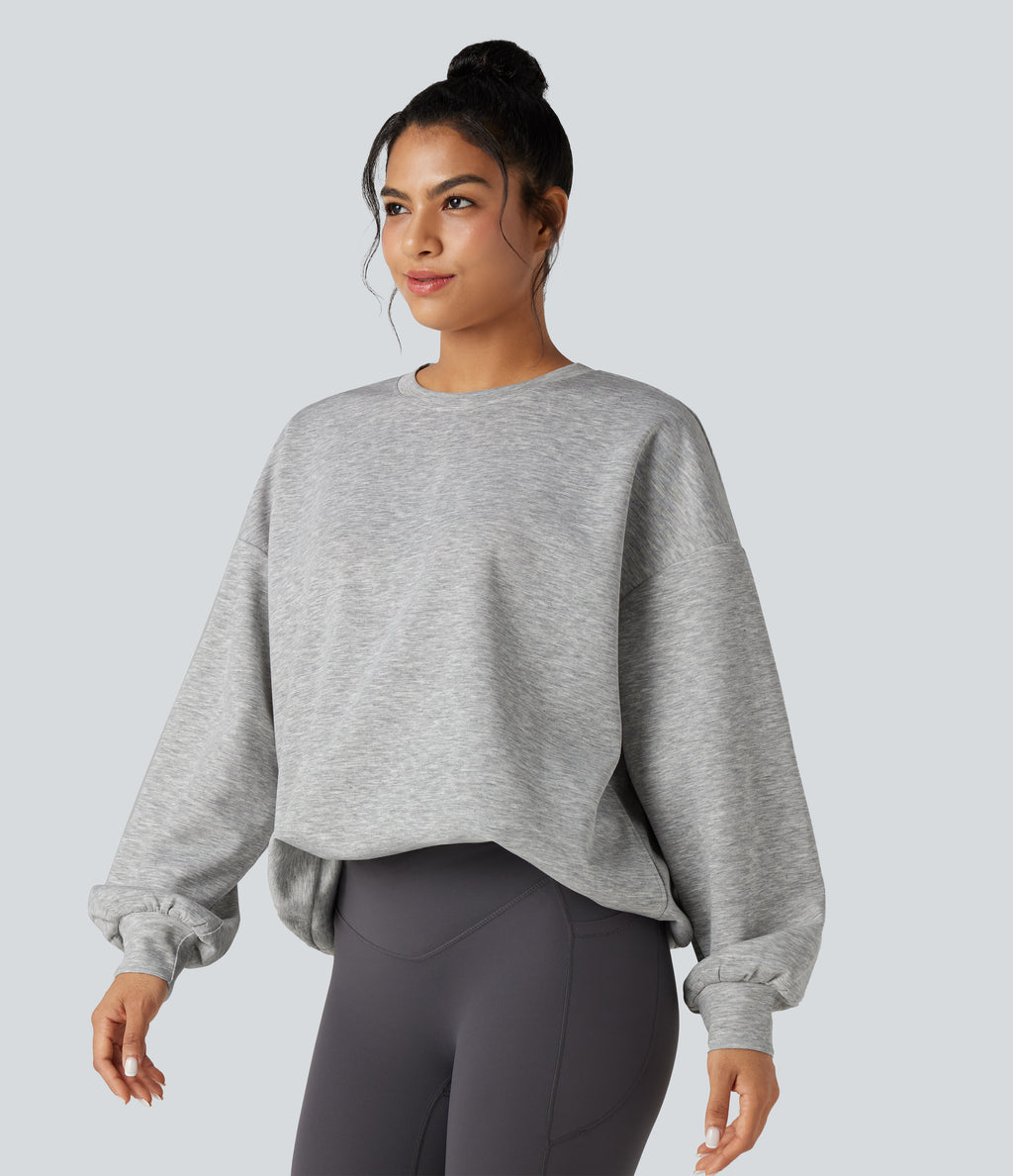 Round Neck Long Sleeve Relaxed Casual Sweatshirt with Pockets — Fog Gray — view 3