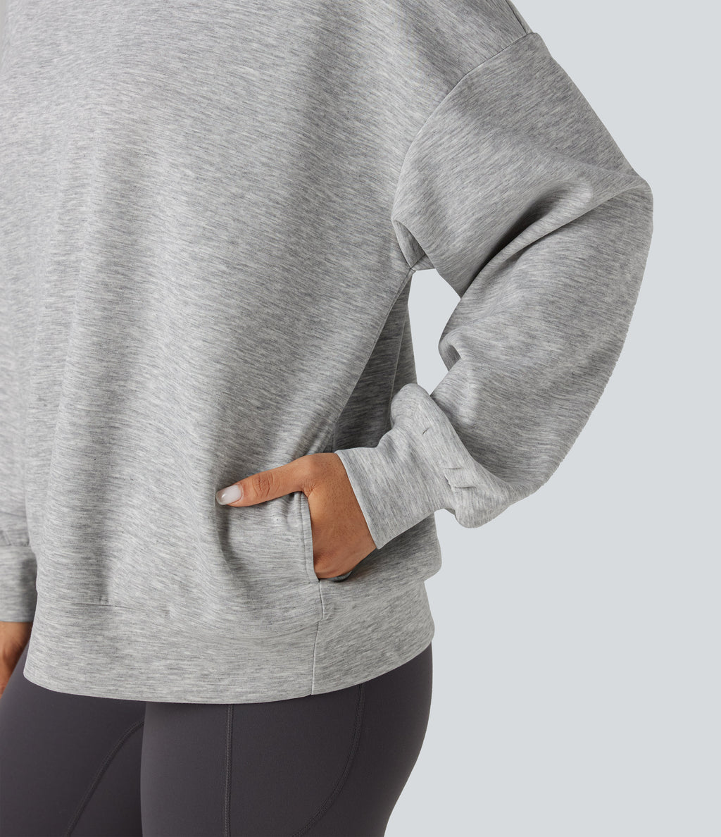 Round Neck Long Sleeve Relaxed Casual Sweatshirt with Pockets — Fog Gray — view 4