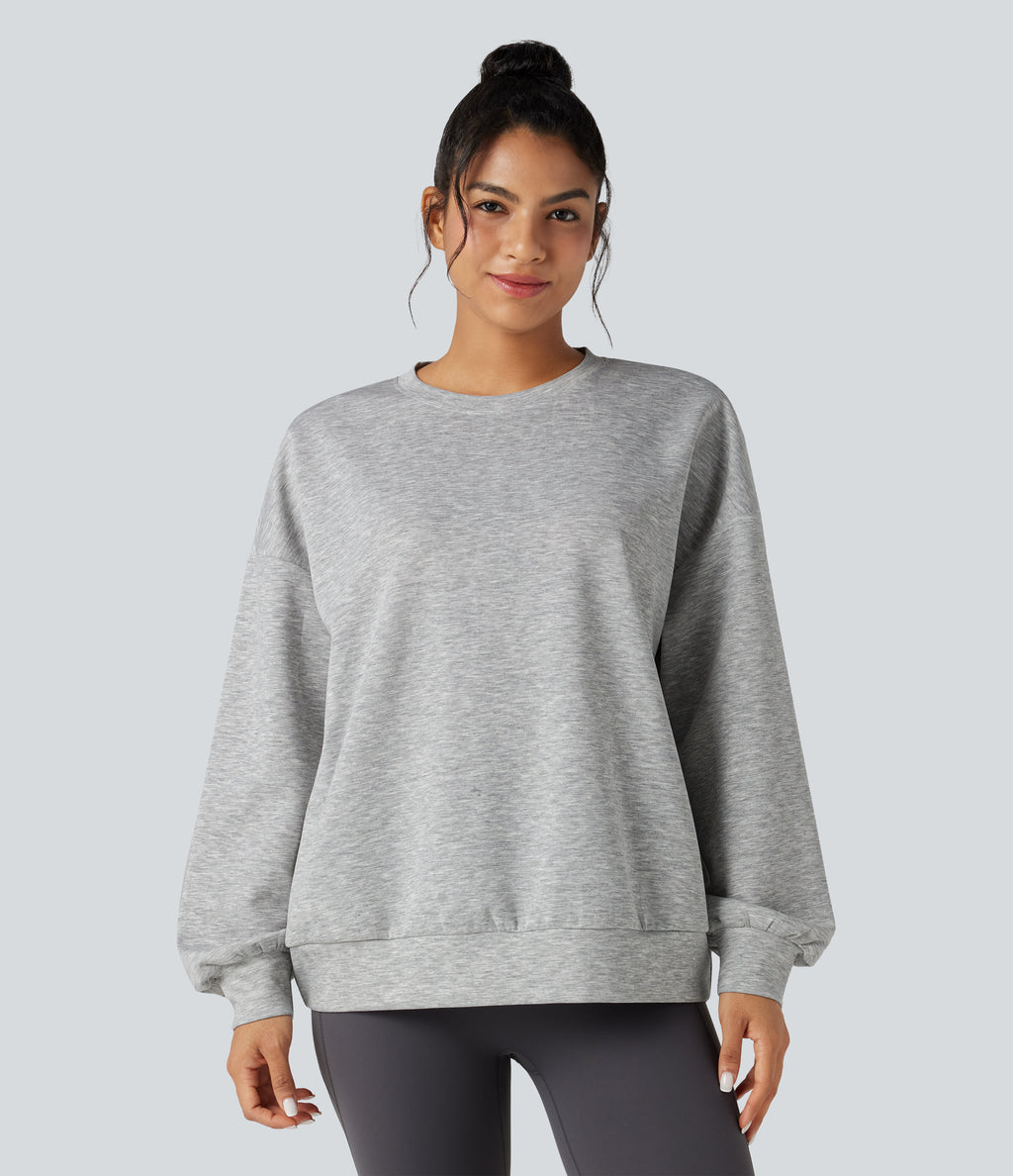 Round Neck Long Sleeve Relaxed Casual Sweatshirt with Pockets — Fog Gray — view 5