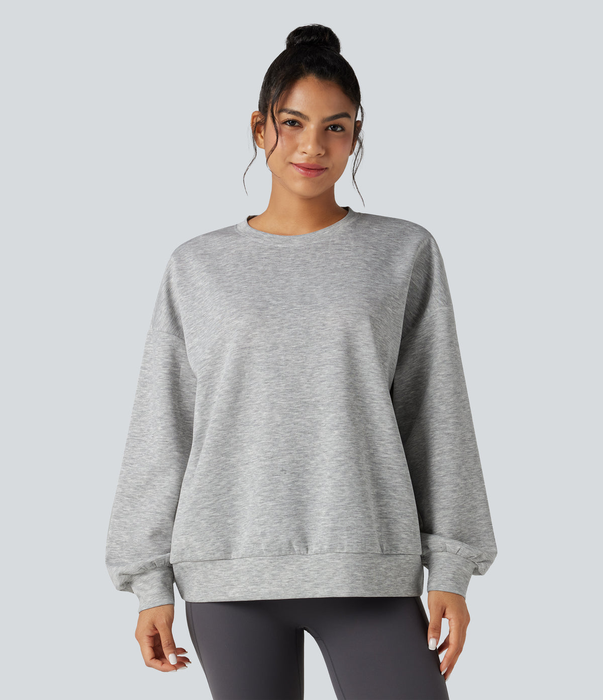 Round Neck Long Sleeve Relaxed Casual Sweatshirt with Pockets — Fog Gray — view 5