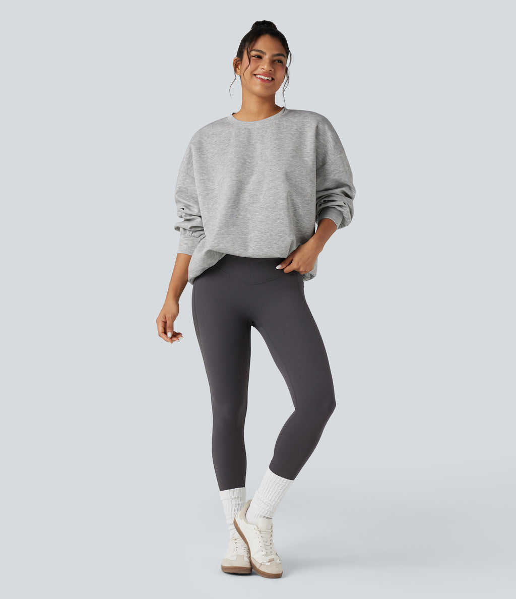 Round Neck Long Sleeve Relaxed Casual Sweatshirt with Pockets — Fog Gray — view 6
