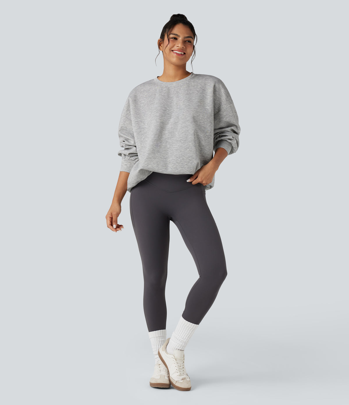 Round Neck Long Sleeve Relaxed Casual Sweatshirt with Pockets — Fog Gray — view 6