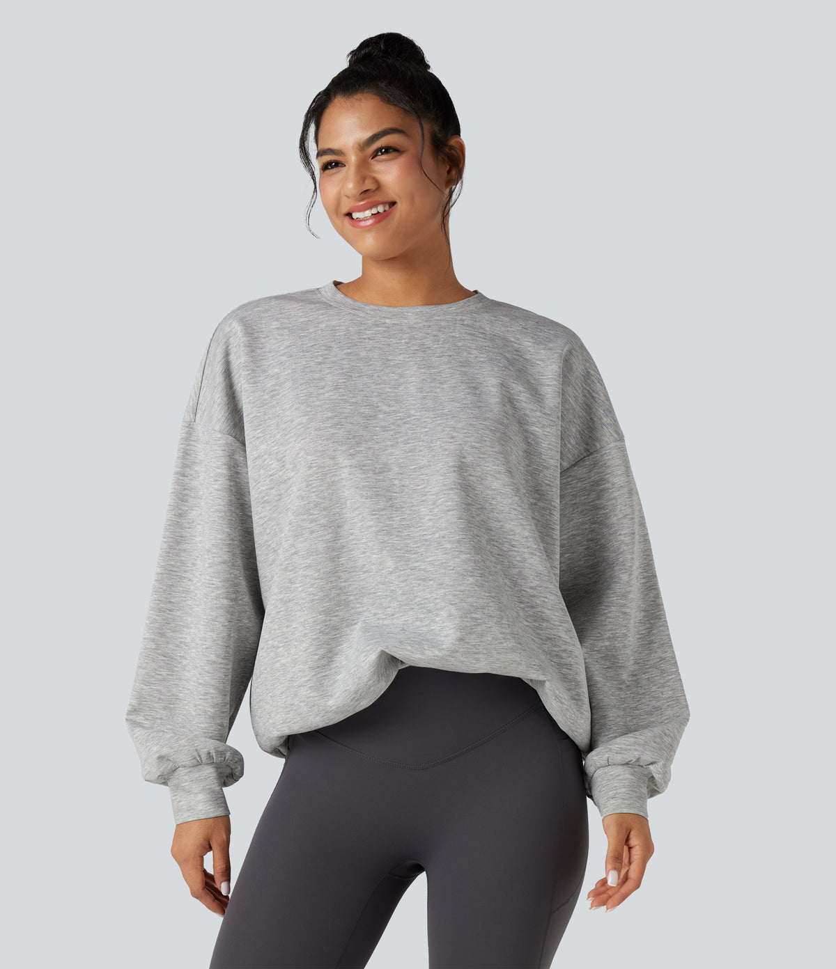 Round Neck Long Sleeve Relaxed Casual Sweatshirt with Pockets — Fog Gray — view 1