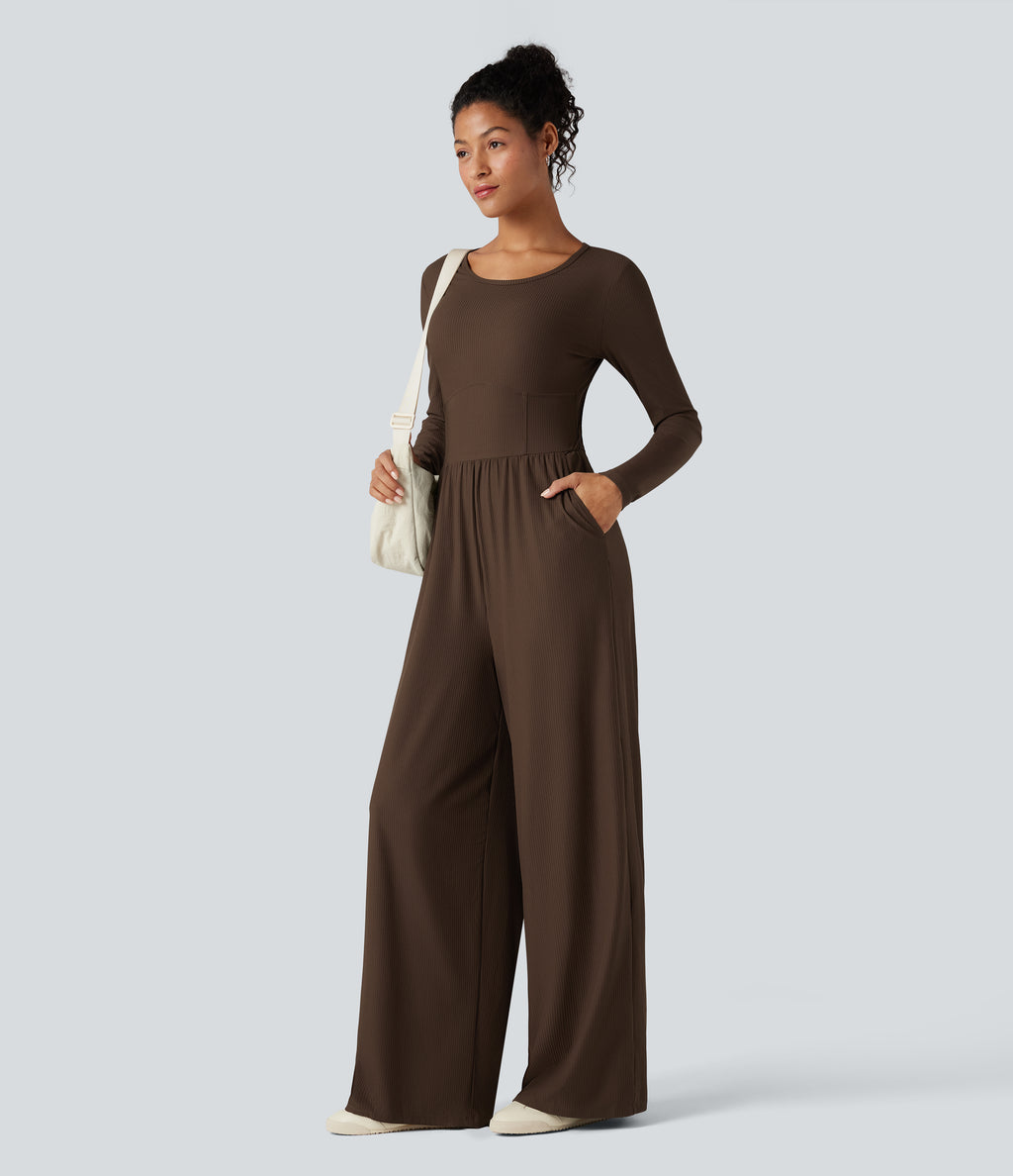 Ribbed Round Neck Long Sleeve Corset Casual Jumpsuit with Pockets-Edition — Flamewood Brown — view 7