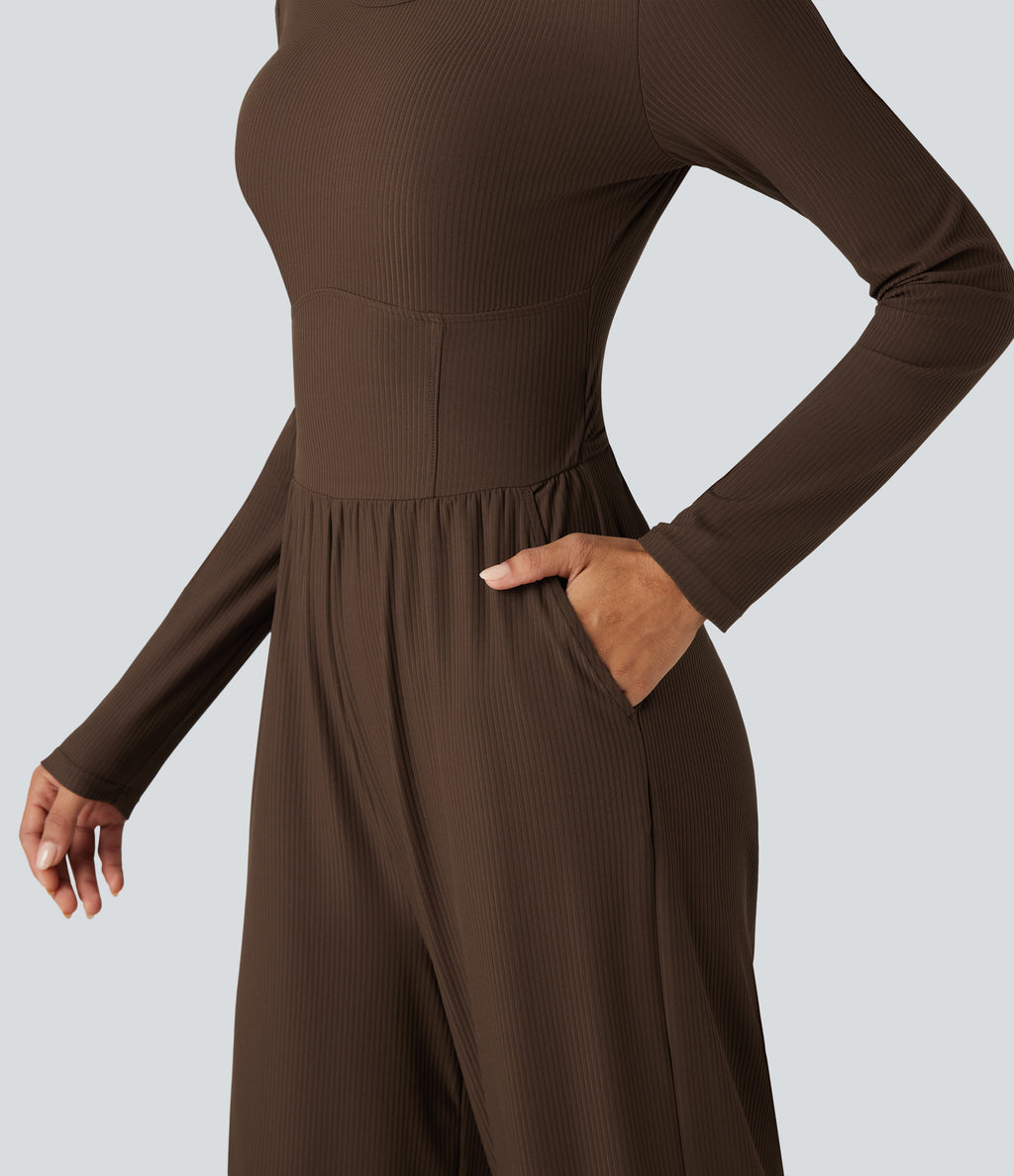Ribbed Round Neck Long Sleeve Corset Casual Jumpsuit with Pockets-Edition — Flamewood Brown — view 6