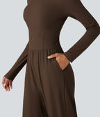 Ribbed Round Neck Long Sleeve Corset Casual Jumpsuit with Pockets-Edition — Flamewood Brown — view 6