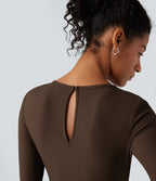 Ribbed Round Neck Long Sleeve Corset Casual Jumpsuit with Pockets-Edition — Flamewood Brown — view 4