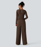 Ribbed Round Neck Long Sleeve Corset Casual Jumpsuit with Pockets-Edition — Flamewood Brown — view 2