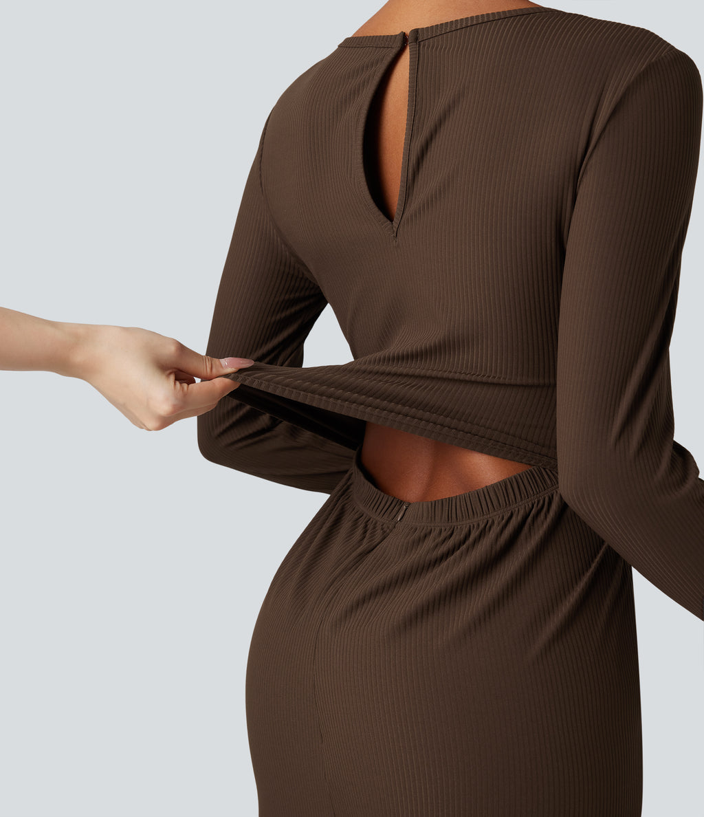 Ribbed Round Neck Long Sleeve Corset Casual Jumpsuit with Pockets-Edition — Flamewood Brown — view 5