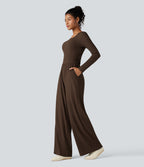 Ribbed Round Neck Long Sleeve Corset Casual Jumpsuit with Pockets-Edition — Flamewood Brown — view 3