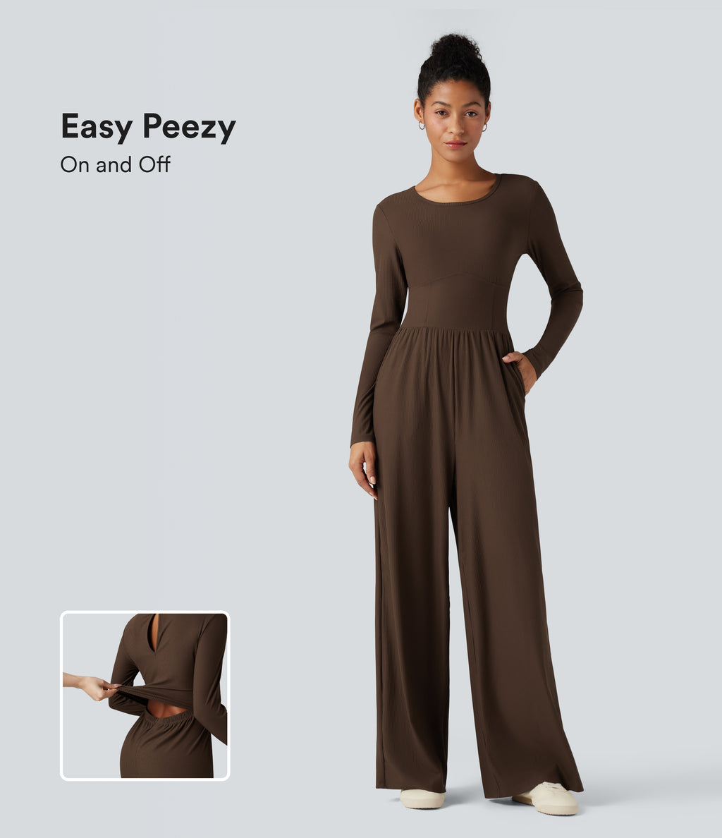Ribbed Round Neck Long Sleeve Corset Casual Jumpsuit with Pockets-Edition — Flamewood Brown — view 1