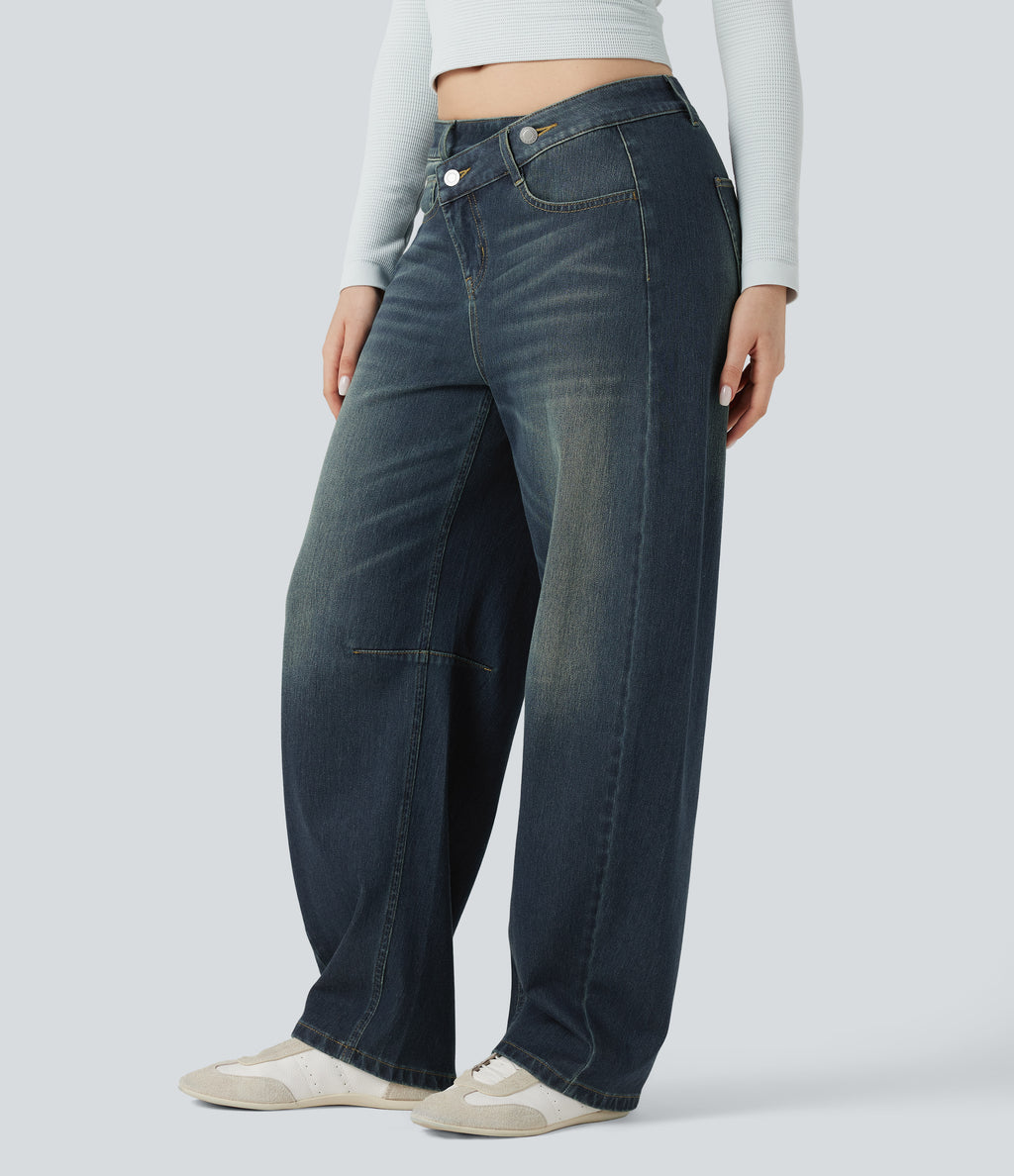 Asymmetric Mid Rise Barrel Leg Washed Casual Jeans with Pockets — Blue Surf Denim — view 3