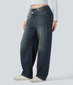 Asymmetric Mid Rise Barrel Leg Washed Casual Jeans with Pockets — Blue Surf Denim — view 3