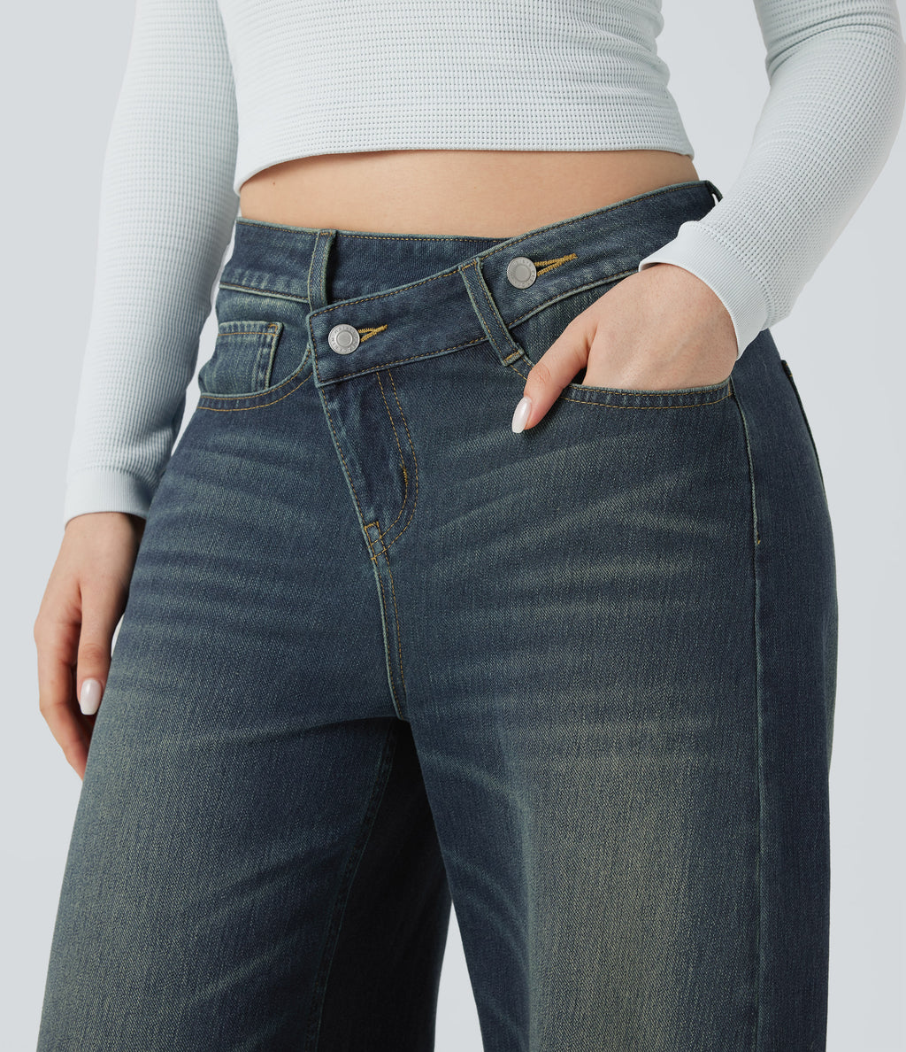 Asymmetric Mid Rise Barrel Leg Washed Casual Jeans with Pockets — Blue Surf Denim — view 4