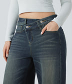 Asymmetric Mid Rise Barrel Leg Washed Casual Jeans with Pockets — Blue Surf Denim — view 4