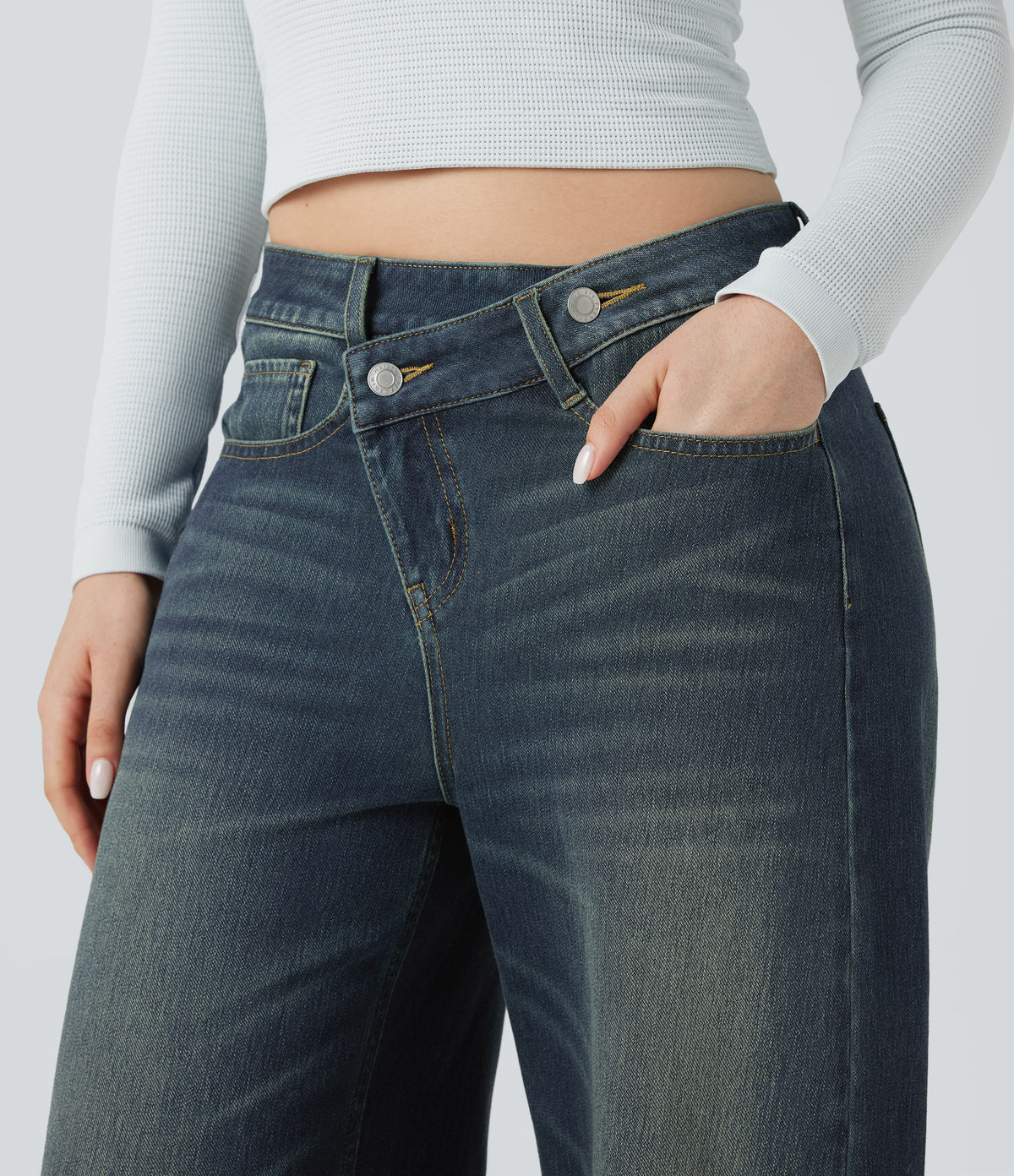 Asymmetric Mid Rise Barrel Leg Washed Casual Jeans with Pockets — Blue Surf Denim — view 4