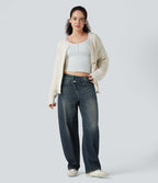Asymmetric Mid Rise Barrel Leg Washed Casual Jeans with Pockets — Blue Surf Denim — view 7