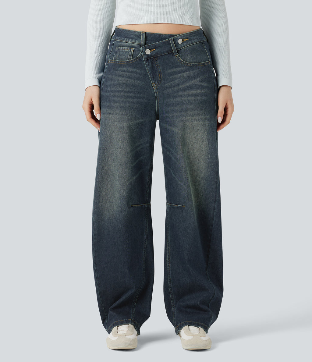 Asymmetric Mid Rise Barrel Leg Washed Casual Jeans with Pockets — Blue Surf Denim — view 1
