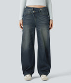 Asymmetric Mid Rise Barrel Leg Washed Casual Jeans with Pockets — Blue Surf Denim — view 1