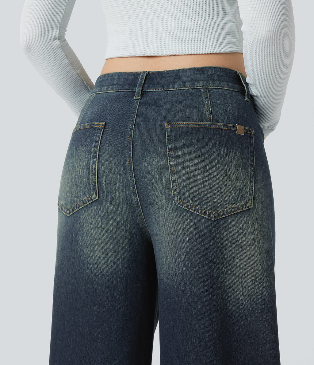 Asymmetric Mid Rise Barrel Leg Washed Casual Jeans with Pockets — Blue Surf Denim — view 5