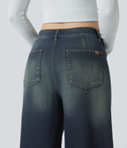 Asymmetric Mid Rise Barrel Leg Washed Casual Jeans with Pockets — Blue Surf Denim — view 5