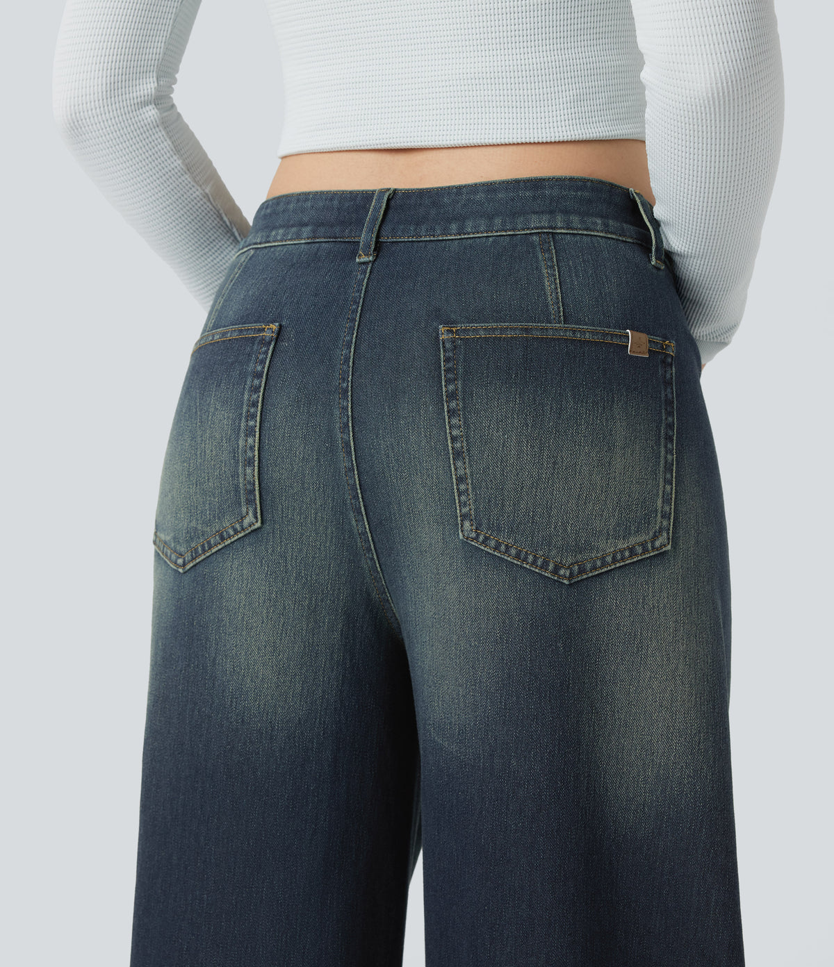 Asymmetric Mid Rise Barrel Leg Washed Casual Jeans with Pockets — Blue Surf Denim — view 5
