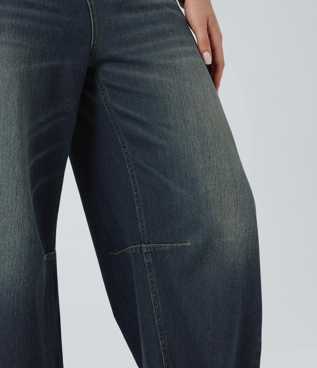 Asymmetric Mid Rise Barrel Leg Washed Casual Jeans with Pockets — Blue Surf Denim — view 6