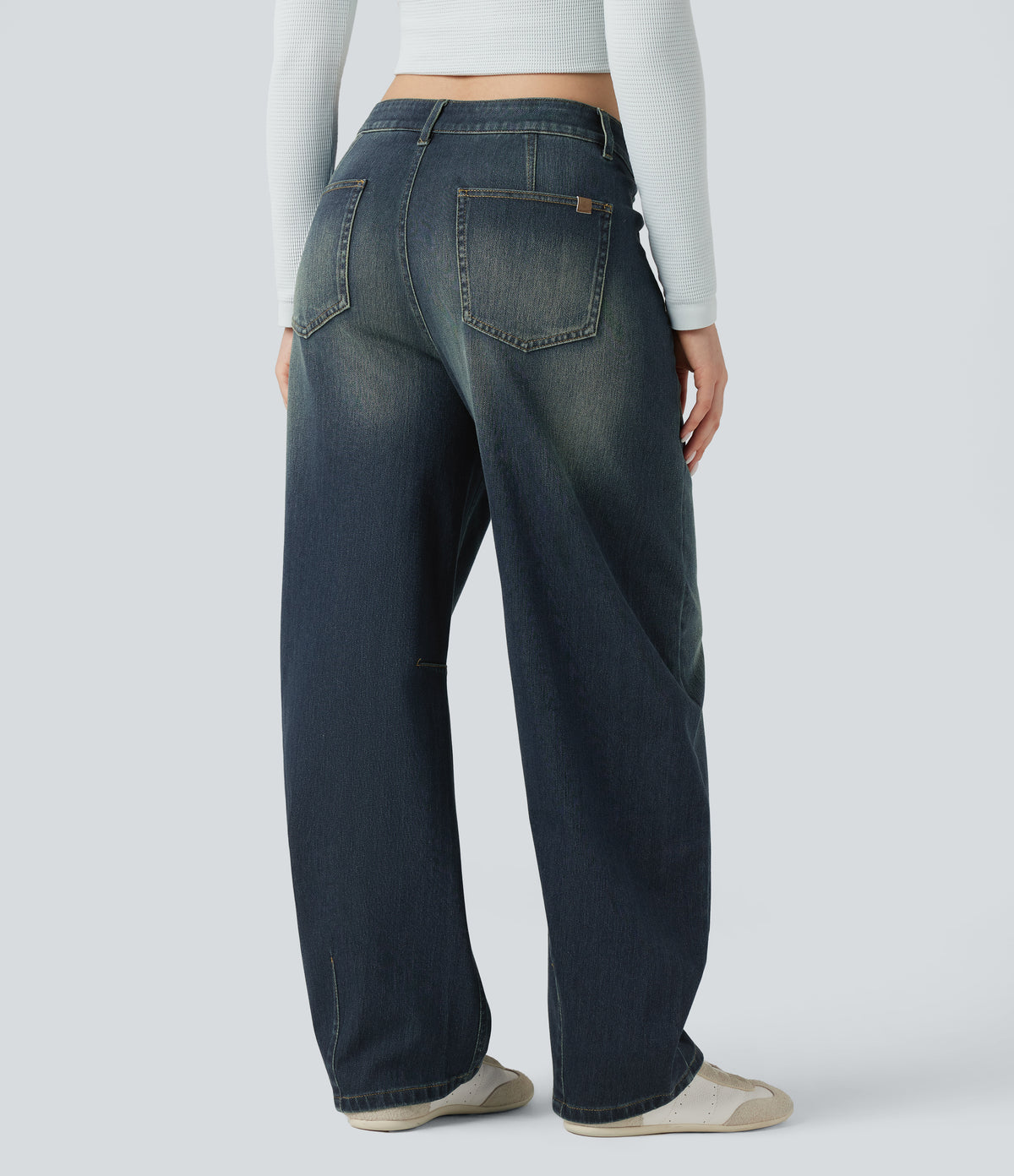 Asymmetric Mid Rise Barrel Leg Washed Casual Jeans with Pockets — Blue Surf Denim — view 2