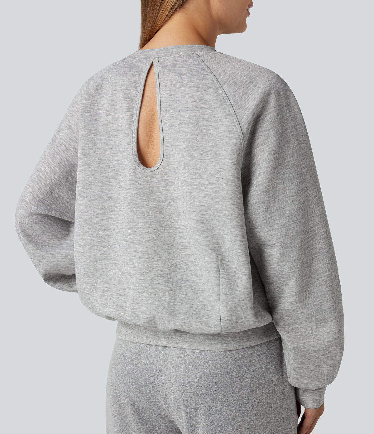 Round Neck Long Sleeve Cut Out Casual Sweatshirt with Pockets — Fog Gray — view 4