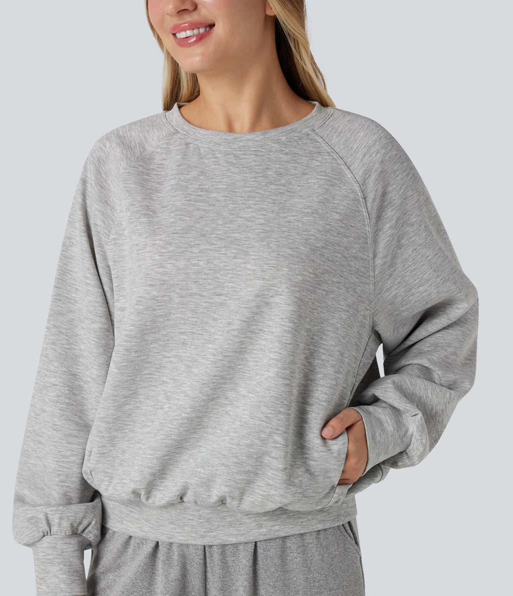 Round Neck Long Sleeve Cut Out Casual Sweatshirt with Pockets — Fog Gray — view 5
