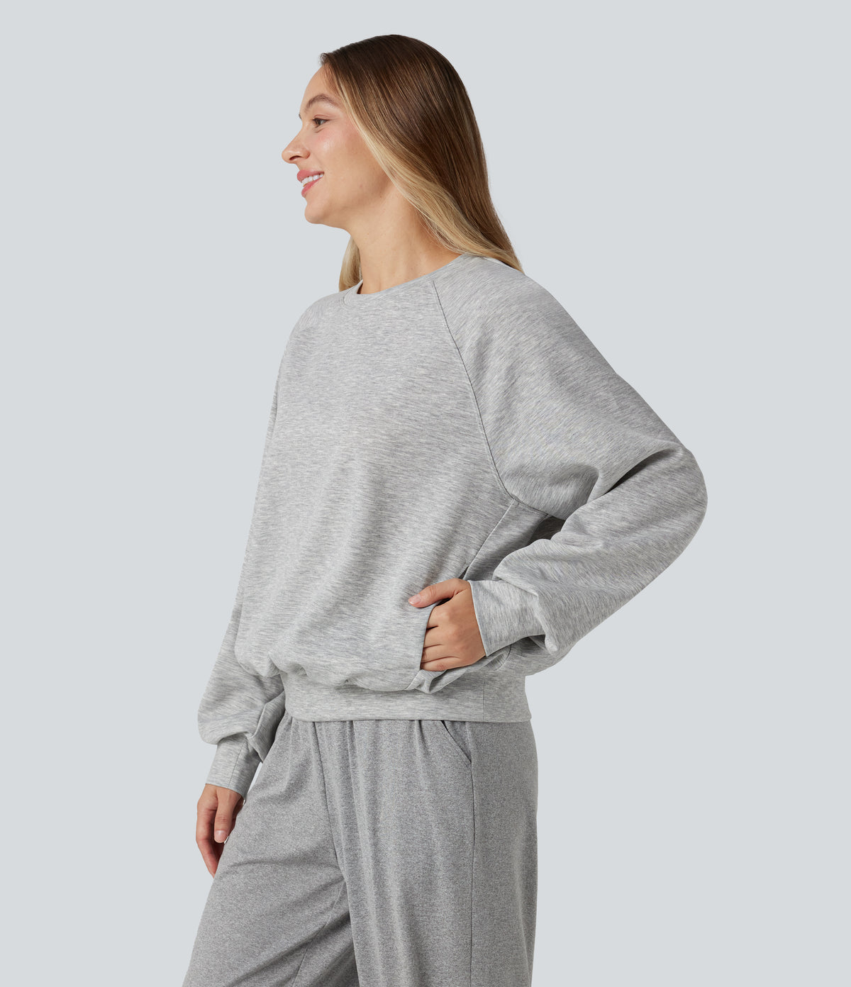 Round Neck Long Sleeve Cut Out Casual Sweatshirt with Pockets — Fog Gray — view 3
