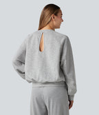 Round Neck Long Sleeve Cut Out Casual Sweatshirt with Pockets — Fog Gray — view 2