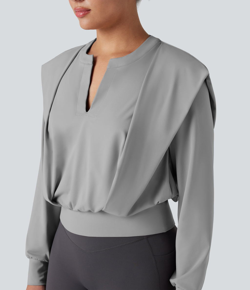 Notched Long Sleeve Yoga Sports Top — Mist Grey — view 1
