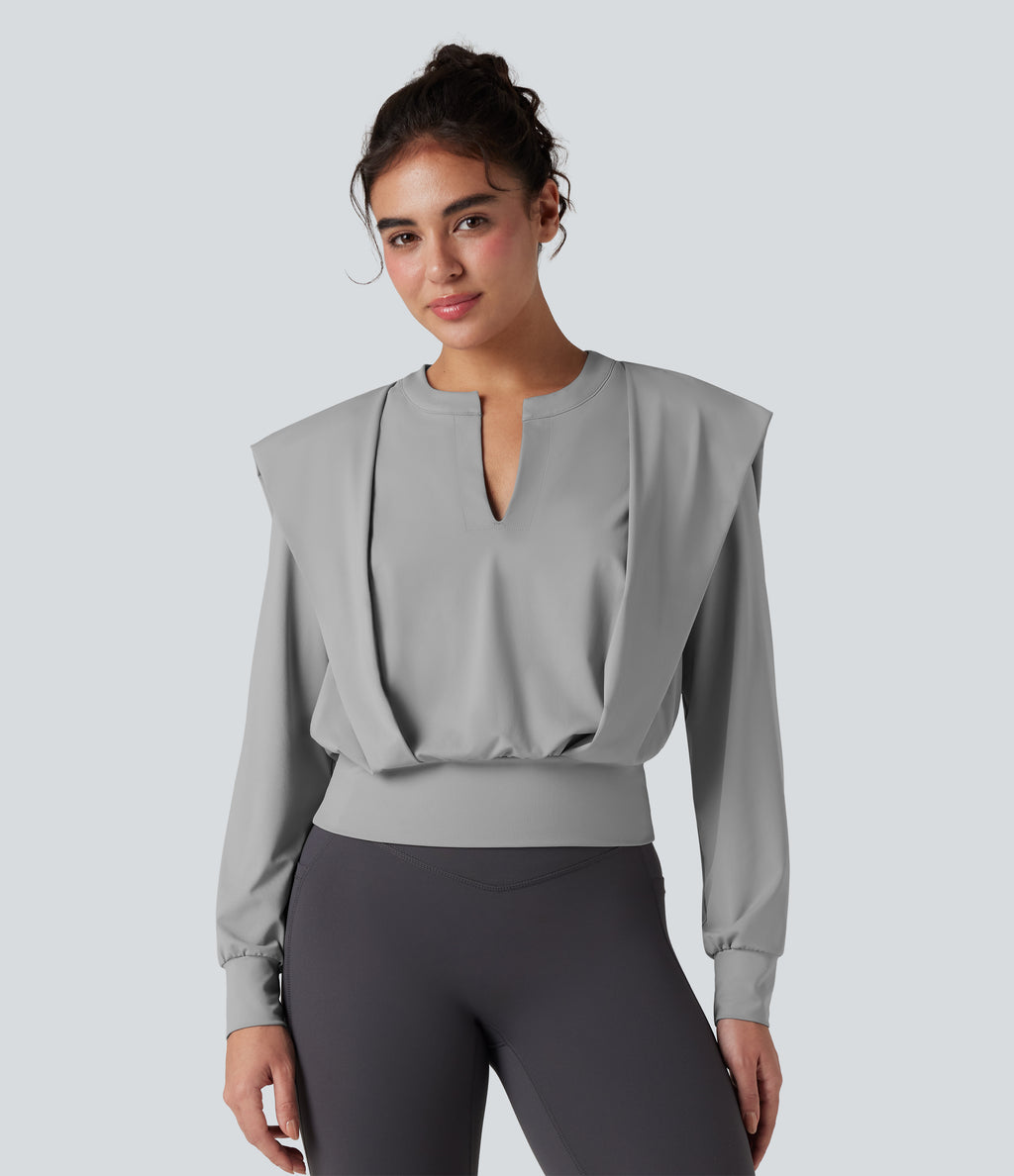 Notched Long Sleeve Yoga Sports Top — Mist Grey — view 3