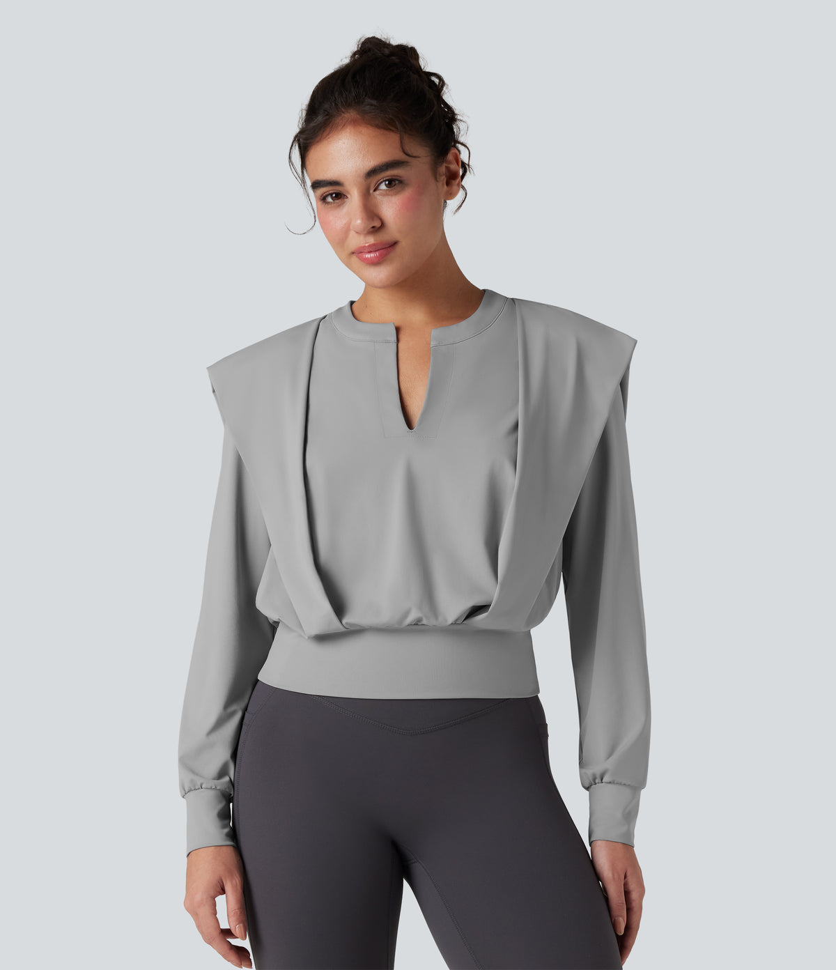 Notched Long Sleeve Yoga Sports Top — Mist Grey — view 3