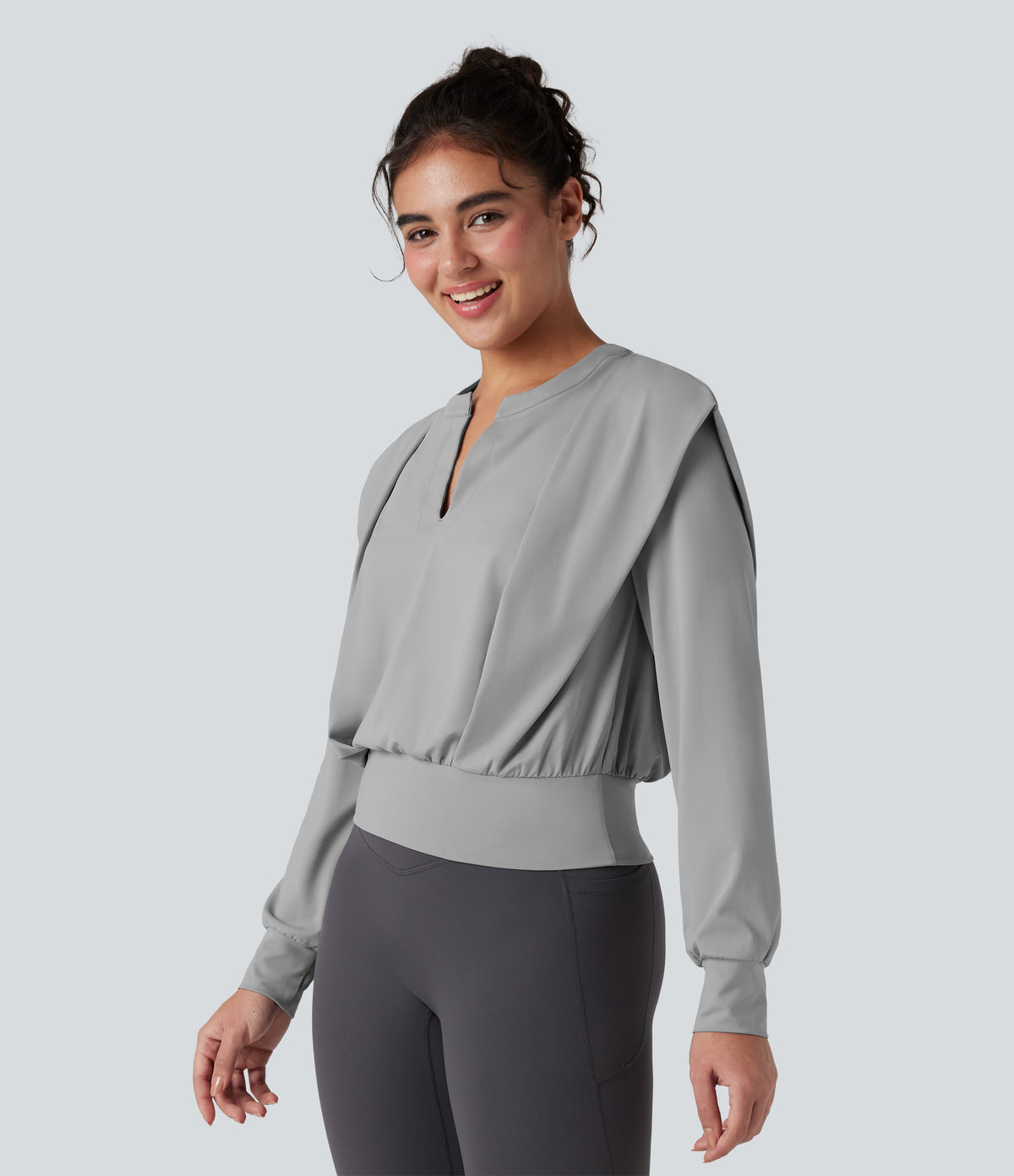 Notched Long Sleeve Yoga Sports Top — Mist Grey — view 4