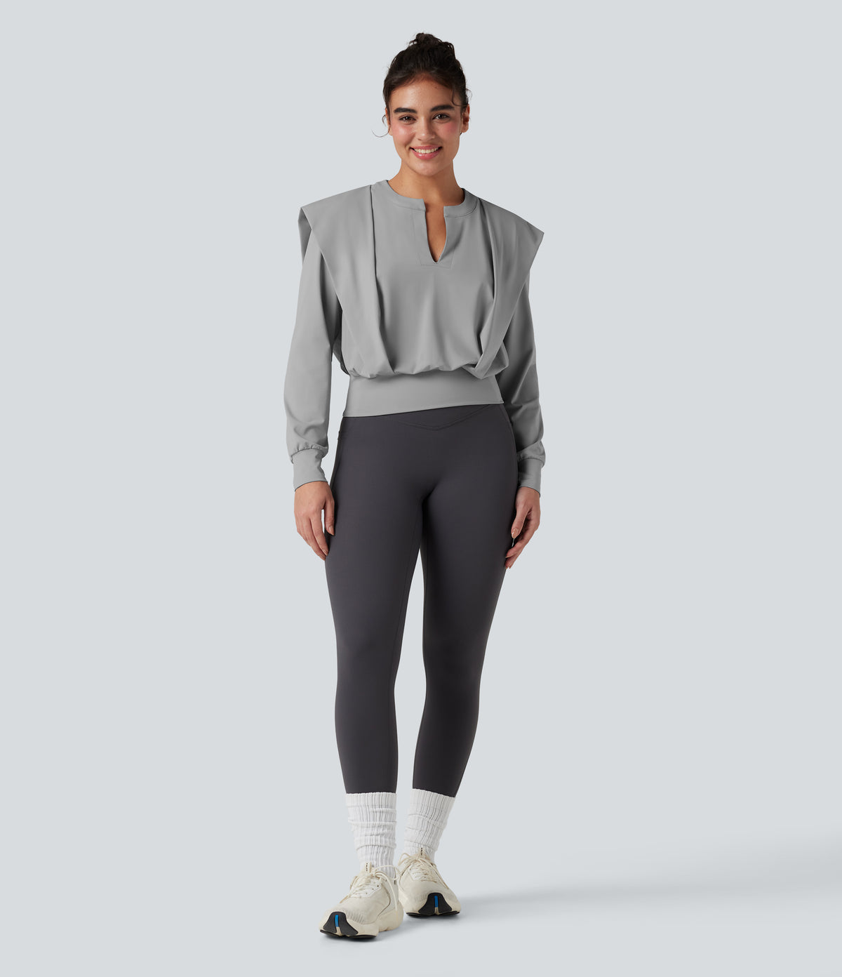 Notched Long Sleeve Yoga Sports Top — Mist Grey — view 6