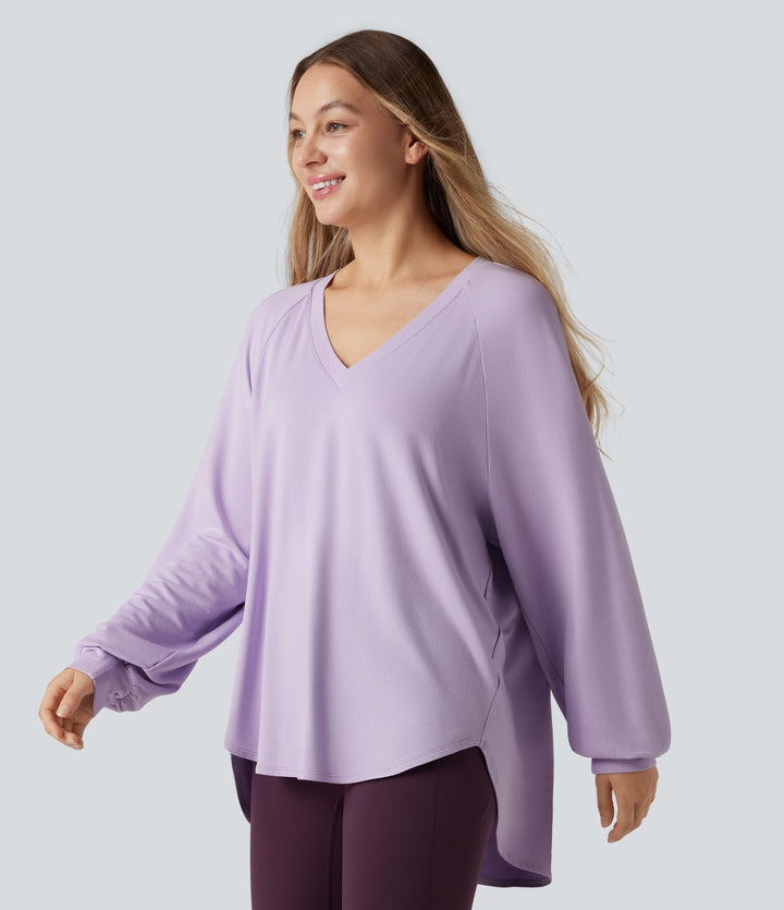 V Neck Long Sleeve High Low Casual Sweatshirt — Misty Purple — view 1