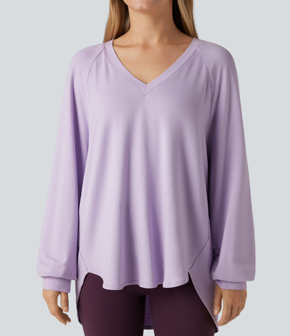 V Neck Long Sleeve High Low Casual Sweatshirt — Misty Purple — view 5