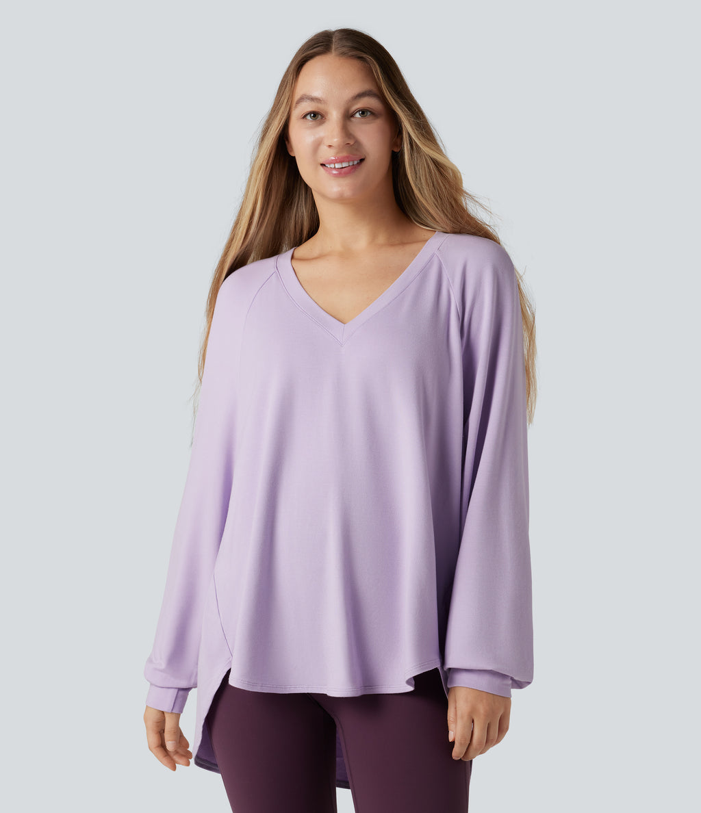 V Neck Long Sleeve High Low Casual Sweatshirt — Misty Purple — view 3